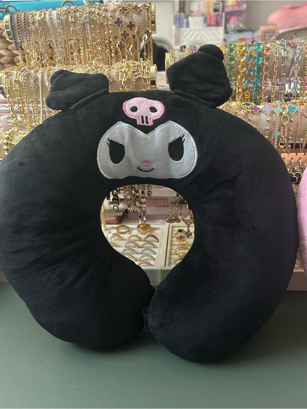 Black Plush Character Neck Pillow with Pink Skull Accent - Kids Stuffed Toy